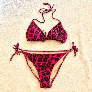 Hot Pink & Black Bikini Set Top M Bottoms L